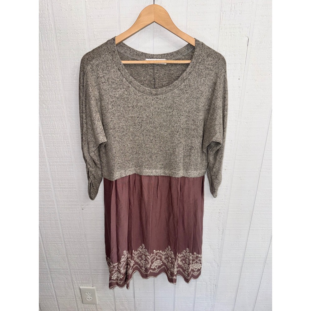 Potter's Pot Mixed Media Dress Women Gray Mauve Embroidered Boho Large